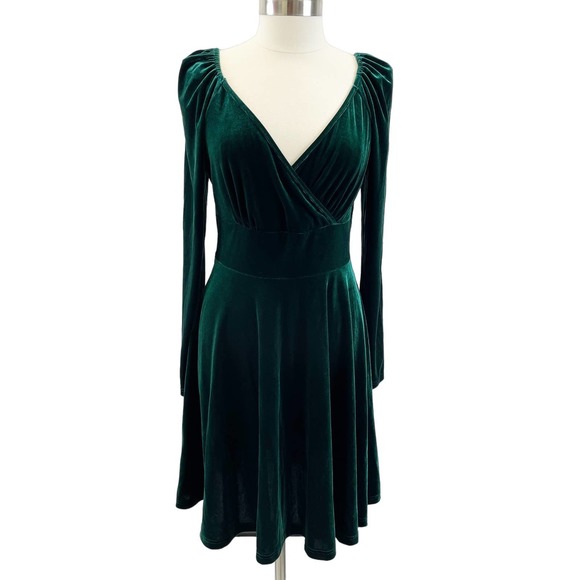 NEW Halara Womens Velvet Mini Flare Casual Dress Surplice Dark Green Size XL - Picture 2 of 12